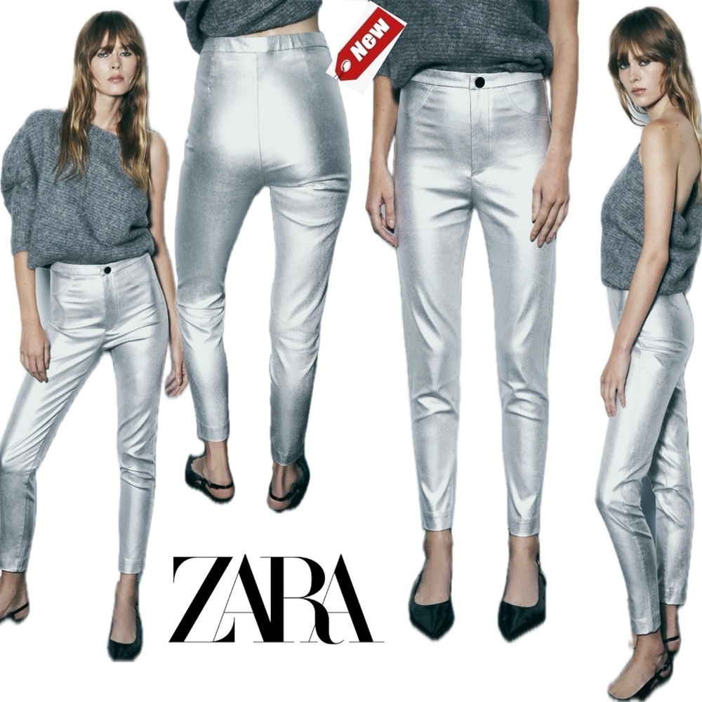 Zara metallic silver liquid foil mid rise slim fit leggings pants Sz M NWT